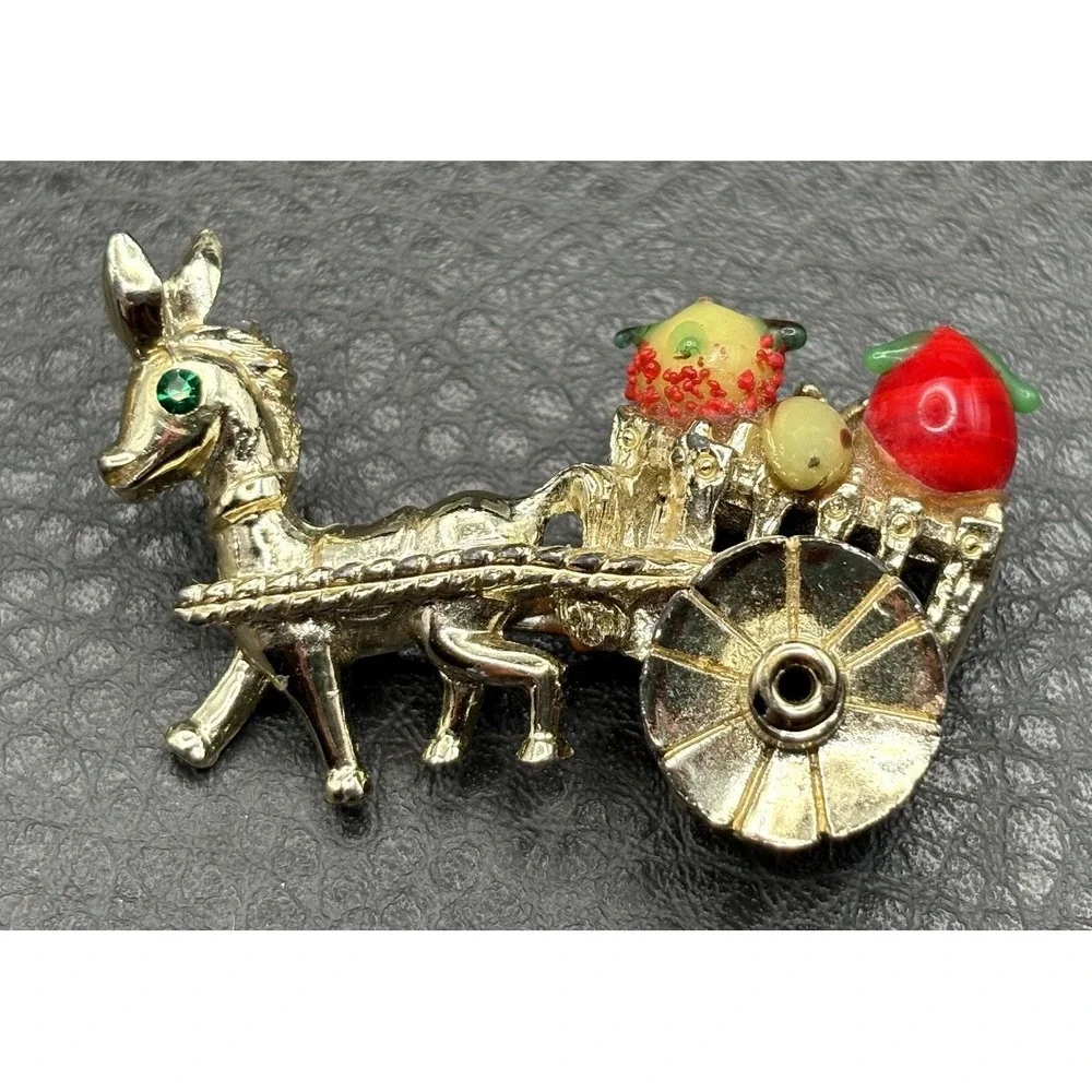 Vintage Gold Tone Horse Donkey Cart Brooch Colorful Glass Fruit Accents
